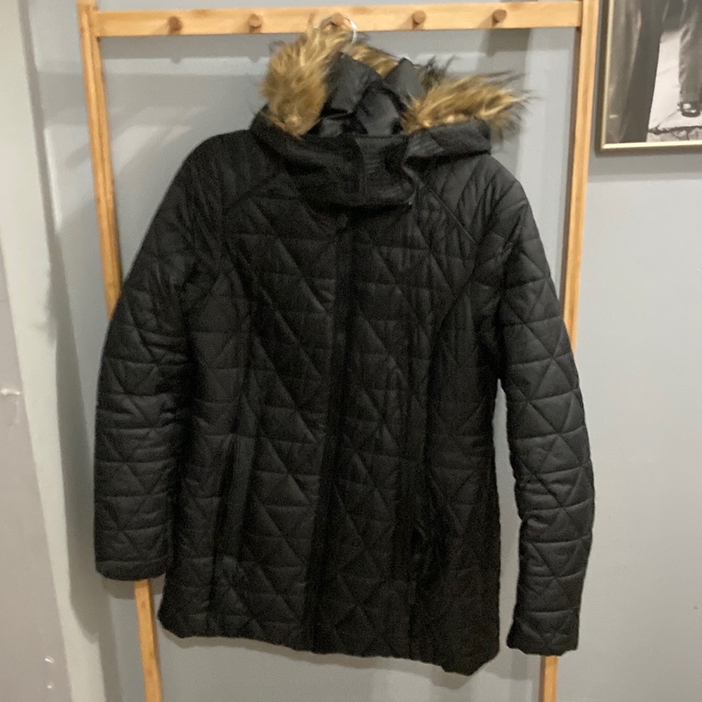 Black puffer coat with fur lined hood